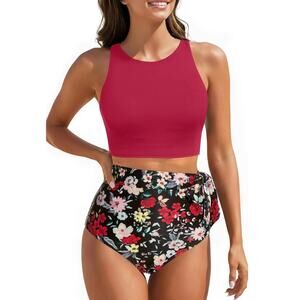 Aqua Eve Women Red Crop Bikini High Waisted Floral Bottom Tie Side Swimwear XL